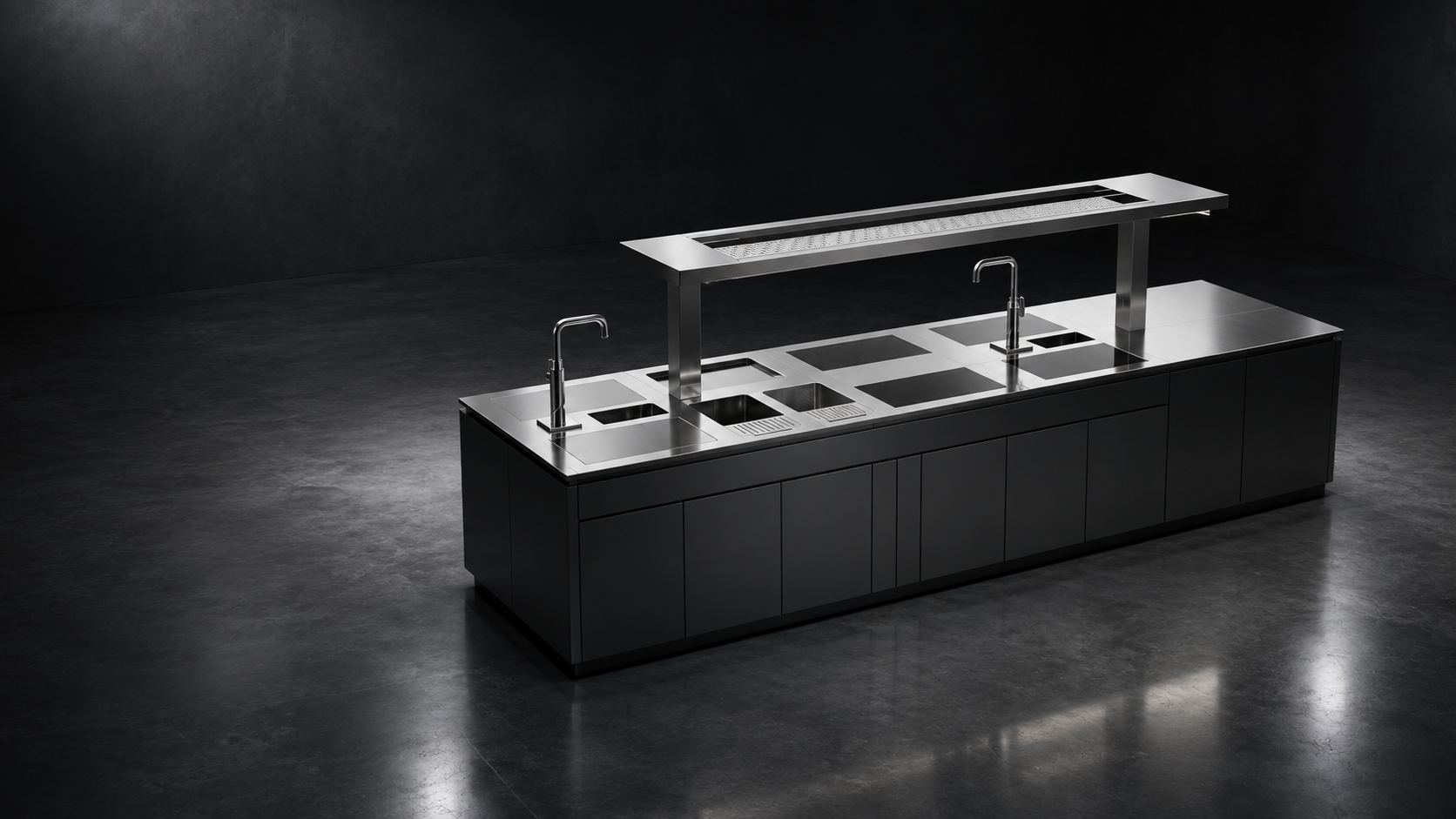 Concept di cucina professionale su misura: blocco centrale in acciaio con induzioni, lavelli e struttura sopraelevata